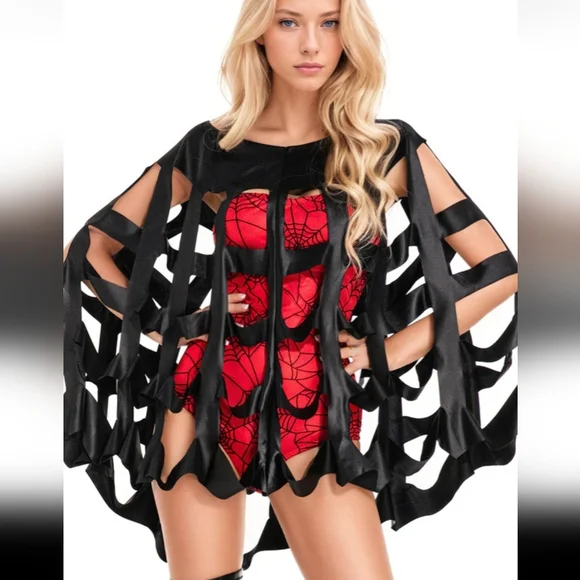 Black Wet Look Spider Web Cut Out Design Poncho (OS) (Costume Idea In Listings) - Picture 2 of 8